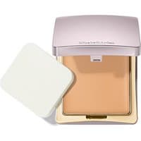 Cream foundation in a square compact with a light pink lid and a separate white sponge applicator.