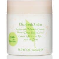 Elizabeth Arden body cream jar with green tea and pistachio design, beige lid, 500ml capacity.