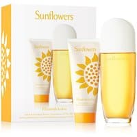 Sunflowers Eau de Toilette gift set with yellow perfume bottle and matching lotion tube in sunflower-themed box.