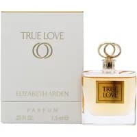 Elizabeth Arden True Love Eau De Parfum 7.5ml, clear square bottle with gold cap, next to white box with gold accents.