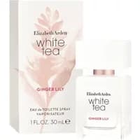 White tea wild rose eau de toilette 30ml bottle with pink floral design and matching box by Elizabeth Arden.