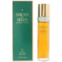 Elizabeth Taylor Diamonds & Emeralds perfume, 100ml, gold cap, clear bottle, green box with gold text.