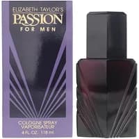 Purple box and black geometric bottle of Elizabeth Taylor Passion For Men Eau De Cologne 118ml.