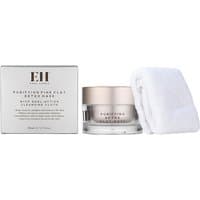 Emma Hardie pink clay detox mask in a clear jar with gold lid, next to a white box and cloth.