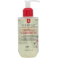 Clear bottle of Erborian Centella Cleansing Oil, 180ml, with red pump and label detailing in black and red text.