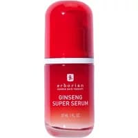 Red and white Erborian Ginseng Super Serum bottle, 30ml, with rounded cap and gradient design.