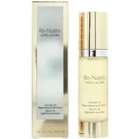 Gold Estée Lauder serum bottle with silver cap, labeled "Re-Nutriv Ultimate Lift," next to matching gold box.