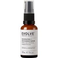 Brown glass bottle with black pump, white label reading "Evolve Organic Beauty Resveratrol + Niacinamide Serum 30ml".