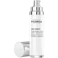 White Filorga Age-Purify Fluido 50ml bottle with silver pump and cap, labeled for wrinkles and blemishes.