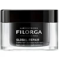 Black and silver Filorga Global-Repair Baume jar with clear base and bold white text on the front.