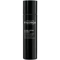 Black cylindrical bottle of Filorga Global Repair Essence, 150ml, with white text and sleek design.