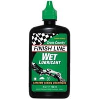 Black bottle of Finish Line Cross Country Wet Lubricant with green cap and chain graphic on label.
