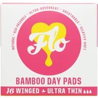 FLO Bamboo Day Pads pack with pink and yellow logo, eco-friendly, ultra-absorbent, breathable, silky soft, 16 count.