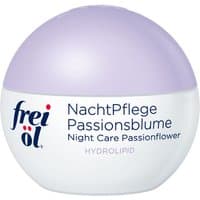 Round jar of Frei Ol Hydrolipid Night Care, purple lid, white base, 50ml, labeled "Passionflower" in blue and purple text.
