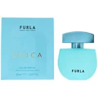 Turquoise Furla Unica Eau De Parfum 30ml bottle with matching box, featuring gold lettering and a rounded cap.