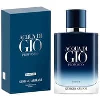 Dark blue Giorgio Armani Acqua Di Gio Profondo Parfum bottle with matching box, silver cap, and white text.