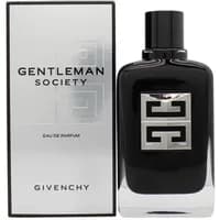 Black Givenchy Gentleman Society Eau De Parfum bottle with silver logo, next to matching silver and black box.