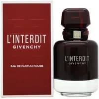 Dark red Givenchy L'Interdit Rouge Eau De Parfum bottle with black cap, next to matching red box.