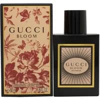 Gucci Bloom Intense Eau De Parfum 50ml, black bottle with gold label, floral-patterned box with red flowers and butterflies.