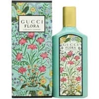Turquoise Gucci Flora Gorgeous Jasmine perfume bottle with floral design and matching box, 100ml size.