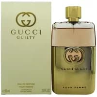 Gold Gucci Guilty Pour Femme Eau De Parfum 90ml bottle with logo and matching gold box.