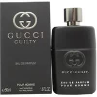 Black Gucci Guilty Pour Homme Eau De Parfum 50ml bottle with silver cap and matching black box.
