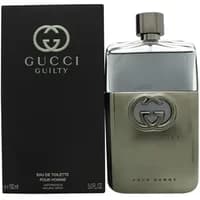 Gucci Guilty Pour Homme Eau De Toilette 150ml, sleek silver bottle with embossed logo, black box packaging.