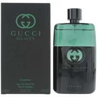 Gucci Guilty Pour Homme Essence 90ml, black and green bottle with iconic logo, next to matching black box.