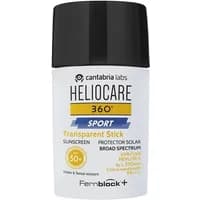 Heliocare 360º Sportsun Clear Stick SPF 50+, black cap, white container, yellow and blue label accents.