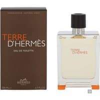 Clear glass bottle with black cap, orange text "Terre D'Hermes," next to brown box labeled "Hermes Eau de Toilette 200ml."