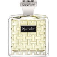 Clear glass bottle with woven pattern, silver cap, and black label reading "Figuier Noir" for Houbigant men's woody perfume.