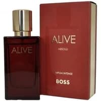 Hugo Boss Alive Absolu Parfum Intense 30ml, deep red bottle with gold cap, matching red box with gold lettering.