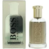 Hugo Boss Bottled Eau De Parfum 50ml with gold cap, clear glass bottle, and sleek metallic packaging.