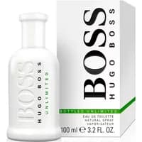 White Hugo Boss Boss Bottled Unlimited Eau De Toilette 100ml bottle with bold black text and matching box.