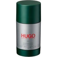 Green and silver Hugo Boss Hugo Man deodorant stick, 75ML, with red logo and black text on the front.