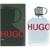 Clear glass bottle with silver cap and green strap, Hugo Boss Hugo Man Eau De Toilette, red logo, 200ml.