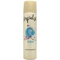 Impulse Tease Body Fragrance 75ml with beige cap, white can, blue and pink abstract design, bold black logo.