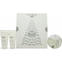 Issey Miyake A Drop d'Issey gift set with round perfume bottle and two white hand cream tubes in elegant packaging.