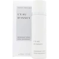 White cylindrical bottle of Issey Miyake L'Eau D'Issey Deodorant Spray 100ml with minimalist gray text.