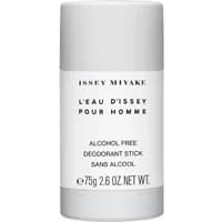Gray cylindrical deodorant stick with white label, black text "Issey Miyake L'Eau D'Issey Pour Homme Alcohol-Free 75g".