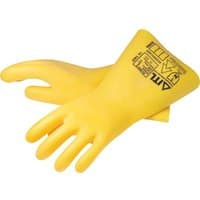 Yellow ITL Class 0 insulated rubber electrical safety gauntlets with black printed specifications on cuffs.
