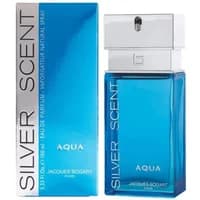 Jacques Bogart Silver Scent Aqua Eau De Parfum 100ml, blue rectangular bottle with silver cap and matching box.