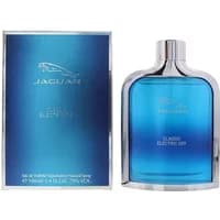 Jaguar Classic Electric Sky Eau De Toilette 100ml in a sleek blue bottle with a silver cap and matching box.