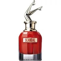 Red Jean Paul Gaultier Scandal Le Parfum bottle with gold cap shaped like legs, 80ml size.