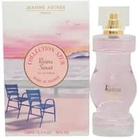 Jeanne Arthes Riviera Sunset Eau De Parfum 100ml, pink bottle with gold cap, box with sunset and chairs design.