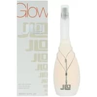 Frosted glass bottle of Jennifer Lopez J'Lo Glow Eau De Toilette 100ml with silver cap and JLo pendant necklace.