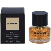 Jil Sander No.4 Eau de Parfum, 30 ml, clear round bottle with black cap, next to black box with gold label.