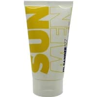White tube of Jil Sander Sun Men Fizz Shower Gel with bold yellow "SUN" and "MEN" text.