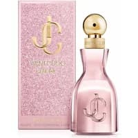 Pink Jimmy Choo perfume bottle with gold cap, embossed logo, and matching glittery pink box.