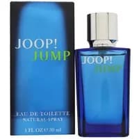 Blue rectangular Joop! Jump Eau De Toilette bottle, silver cap, next to matching box with green and white text.
